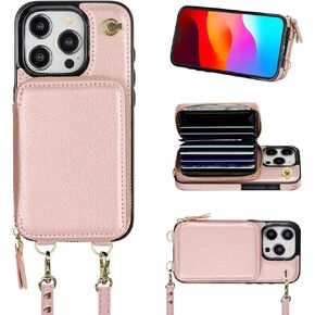Bocasal Crossbody Wallet Case for iPhone 15 Pro, RFID Blocking Leather Purse Case with Card Holder, Protective Handbag Flip Cover with Zipper Wrist Strap Lanyard for Women 5G 6.1 Inch (Black)