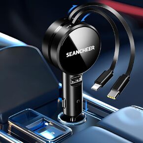 Retractable Car Charger for iPhone and Android Fast Charging, Car Charger with Retractable Cords(2.6Ft), USB-C Ports,Compatible with iphone15/ Pro Max 14/ Pro Max/13/12/11/iPad/Galaxy