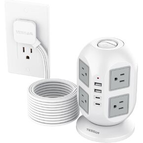 Tower Power Strip, Surge Protector 10 FT Cord, TESSAN Flat Plug Extension Cord with Multiple Outlets, 8 AC Outlets with 4 USB Ports (2 USB C), Charging Station with Surge Protection, for Office Dorm