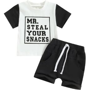 Toddler Baby Boy Summer Clothes Mr. Steal Your Snacks Short Sleeve T-shirt Top Shorts 2Pcs Outfit