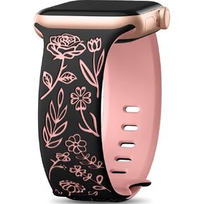 Easuny Floral Engraved Bands for Apple Watch Women 38mm 40mm 41mm 42mm 44mm 45mm, Soft Silicone Cute Dressy Wrist Strap for iWatch SE Series 9 8 7 6 5 4 3 2 1 Ultra, iPhone Watch Band Accessories
