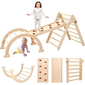 PairPear 5 in 1 Wooden Pikler Triangle Set，Baby Montessori Climbing Set Indoor Playground，Foldable Toddler Climbing Toys，Wooden Climbing Toys Set for Toddler Boys and Girls，Jungle Gym for Kids