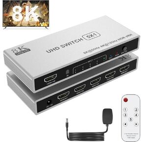 HDMI 2.1 Switch Box 5 in 1 Out 4k 120Hz HDMI Switcher - 8k HDMI Splitter with IR Remote Support 8K@60hz, 4K@120hz, 2K, 3D, Vision, VRR, HDCP2.3, HDR for PS 3/4, DVD Player, HDTV, Projector