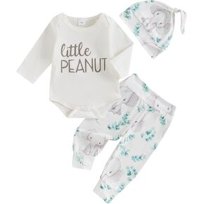 Omkzanbi Newborn Boy Clothes Little Peanut Bodysuit Elephant Jogger Pants Hat Cute 3Pcs Gender Neutral Coming Home Outfit