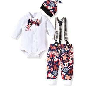 fioukiay Newborn Baby Boy Clothes Set Infant Gentleman Suit Outfits Long Sleeve Shirt Suspender Pants Bowtie With Hat