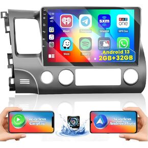 10" Touch Screen Android Car Stereo for Honda Civic 2006-2011 with Wireless Carplay Android Auto, Radio Dash Kit GPS Navigation WiFi Bluetooth SWC Mirror Link, Mic Backup Camera 2+32GB