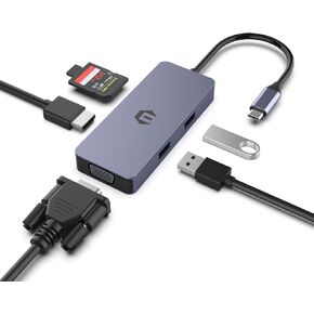 USB C Hub, TOTU 6-in-1 Hub, with HDMI, VGA, Card Reader and USB Ports, TOTU USB-C Hub Maximize Productivity on and Windows Laptops with Widescreen Dual Display