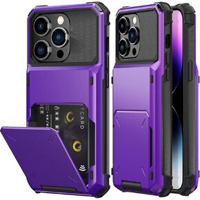 for iPhone 14 Pro Case with Card Holder Slot [Store 5 Cards] Hidden Credit Card ID Rugged Protection Hard PC Phone Cases iPhone14Pro 5G i i-Phone i14 iPhone14 14Pro Cover for Women Men Blue