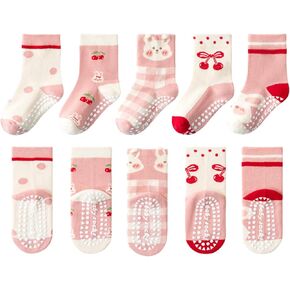 Cotton Crew Socks for Kids - Anti-Slip, Warm, Cute & Cozy - Non-Slip Socks for Girls - 5 Pairs