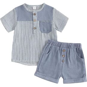 Toddler Baby Boy Linen Outfit Short Sleeve Pocket T-shirt Top and Rolled Shorts Summer Clothes Set