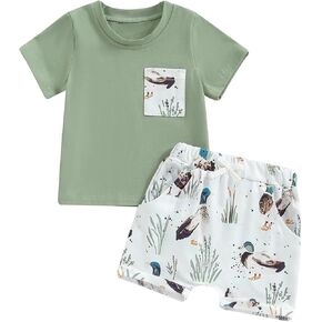 Toddler Baby Boy Summer Outfit Farm Duck Goose Print Short Sleeve T-Shirt Elastic Waist Shorts 2Pcs Clothes Set