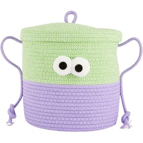 Woven Storage Basket with Lid Cute Animal Basket Toy Organizers Cotton Rope Storage For Living Room Area Decorative Cotton Rope Boxes Aesthetic with Handle- 10"*10"- Gradient Green
