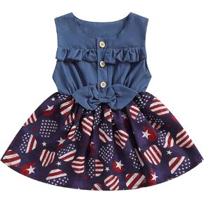 4th of July Dresses for Toddler Girls Fourth of July Flower Print Dress Sleeveless Patchwork Party Birthday Dress