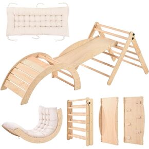 Pikler Triangle Set with Cushion, Toddler Climbing Toys Indoor Playground, Montessori Toys Climbing Set with Arch, Ramp, and Triangle for Kids, Indoor Jungle Gyms for Toddlers