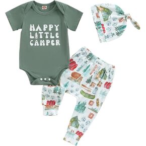 Omkzanbi Newborn Boy Outfit Happy Little Camper Bodysuit Retro Woodland Camping Jogger Pants Hat Cute 3Pcs Coming Home Outfit