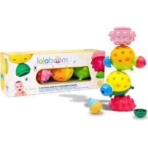 Lalaboom 3 Large Sensory Balls and 12 Piece Baby Toddler Beads – Educational Montessori Shape and Color STEM Construction Toy 10 Months to 3 Years - BL930, Multicolor