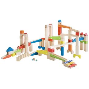 Roba Wooden Marble Run Set - 100 Pieces, 20 Glass Marbles & 80 Building Blocks, Ages 3+