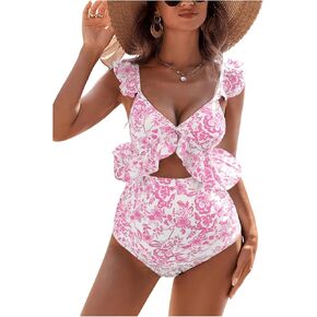 SHENHE Women's Maternity Floral V Neck Ruffle Trim Swimsuits Hollow Out One Piece Bathing Suit