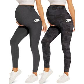 2 Pack Maternity Leggings with Pockets Over The Belly,Womens Pregnancy Workout Yoga Active Soft Tights Pants