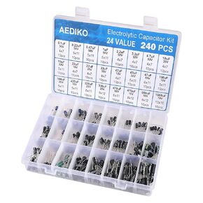 240pcs Aluminum Electrolytic Capacitor Electrolytic Capacitors Kit 24Value Range 0.1uF－1000uF Capacitors Assortment Kit for TV, LCD Monitor, Radio, Stereo, Game