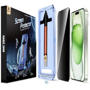 MAGIC JOHN 2 Pack for iPhone 15 Plus 6.7 inch Privacy Glass Screen Protector, Auto Dust-Elimination Installation, Bubble Free, Easy Installation