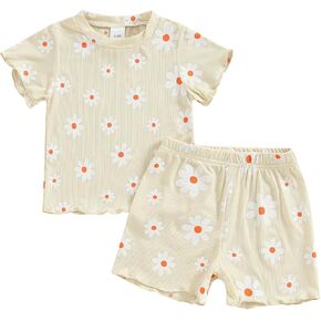 Ayalinggo Baby Girl Summer Outfits Short Sleeve Lettuce Trim Floral Tops + Shorts Set Infant Clothes