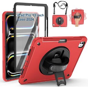 Case for iPad Pro 13 Inch 2024, Full Body Protective Rugged iPad Pro 13 M4 Cover 7th Generation with Pencil Holder, Screen Protector, Rotating Stand, Strap, Black