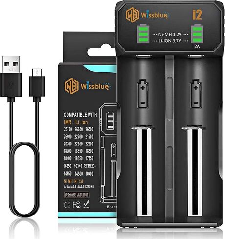 WISSBLUE i2 Universal Battery Charger, 2 Bay 2A Fast Charger for 26650 21700 18650 18490 18350 17670 17500 16340 14500 Li-Ion Rechargeable Batteries, RCR123A, Ni-MH Ni-Cd A AA AAA in Saudi Arabia