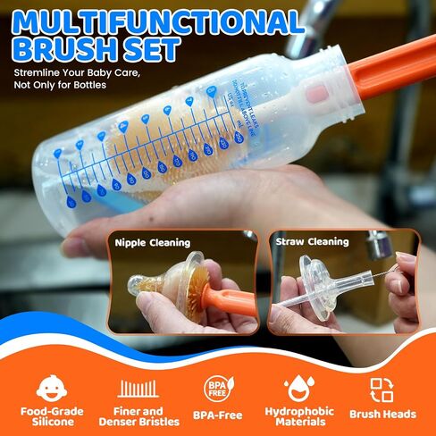 NEW Baby Bottle Cleaner Brush Set, 6-in-1 Travel Bottle Brush Kit with Silicone Bottle Washer Brush, Nipple Brush, Straw Cleaner Brush, 50ML Soap Dispenser and Bottle Drying Rack, Blue in Saudi Arabia