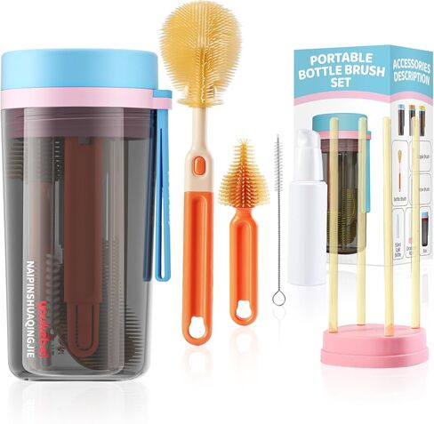 NEW Baby Bottle Cleaner Brush Set, 6-in-1 Travel Bottle Brush Kit with Silicone Bottle Washer Brush, Nipple Brush, Straw Cleaner Brush, 50ML Soap Dispenser and Bottle Drying Rack, Blue in Saudi Arabia