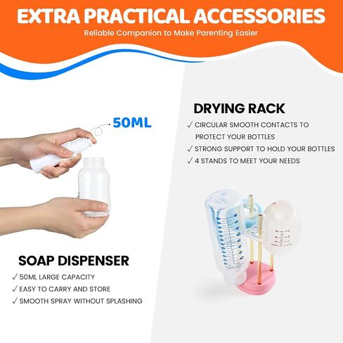 NEW Baby Bottle Cleaner Brush Set, 6-in-1 Travel Bottle Brush Kit with Silicone Bottle Washer Brush, Nipple Brush, Straw Cleaner Brush, 50ML Soap Dispenser and Bottle Drying Rack, Blue in Saudi Arabia