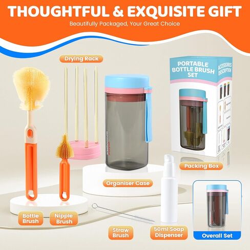 NEW Baby Bottle Cleaner Brush Set, 6-in-1 Travel Bottle Brush Kit with Silicone Bottle Washer Brush, Nipple Brush, Straw Cleaner Brush, 50ML Soap Dispenser and Bottle Drying Rack, Blue in Saudi Arabia