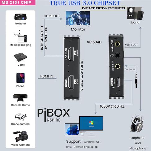 PiBox India 4K HDMI Video Capture Card Device PRO for Streaming, Full HD 1080P 60FPS, 4K USB3.0 HDMI to USBC, Mic, Audio in Out, 1080P60 Gaming Live Streaming - MS2131 in Saudi Arabia