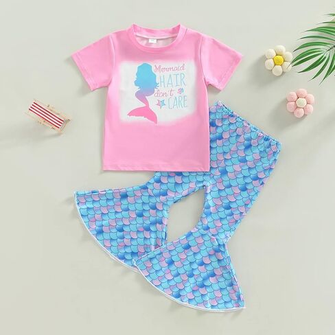 Toddler Baby Girl Summer Clothes Short Sleeve Mermaid T-Shirt Top Fish Scale Bell Bottom Pants 2Pcs Outfit in Saudi Arabia