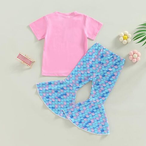 Toddler Baby Girl Summer Clothes Short Sleeve Mermaid T-Shirt Top Fish Scale Bell Bottom Pants 2Pcs Outfit in Saudi Arabia