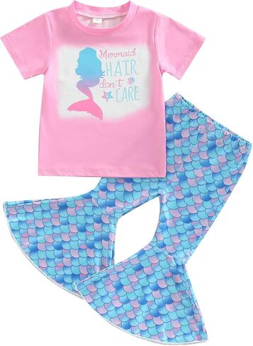 Toddler Baby Girl Summer Clothes Short Sleeve Mermaid T-Shirt Top Fish Scale Bell Bottom Pants 2Pcs Outfit in Saudi Arabia