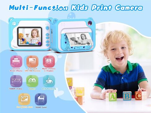 Kids Camera for Boys Girls Instant Print Camera Selfie Digital Camera for Kids Aged 3-12 Printing Video Camera for Kids 1080P 2.4 Inch Screen with 32GB SD Card,Color Pens,Print Papers(Blue) in Kuwait