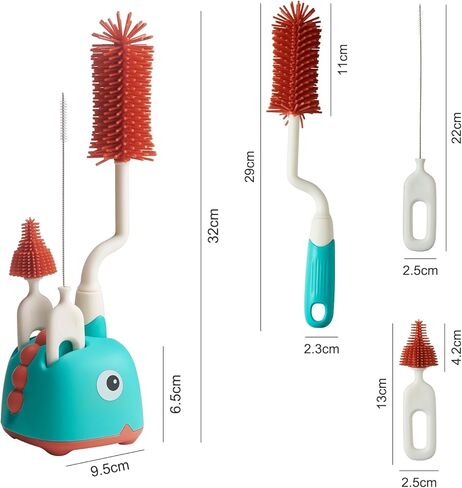 Rabbit Baba Silicone 4-in-1 Baby Bottle Brush Set,Nipple Brush, Bottle Brush, Straw Brush， Safe and Durable, Easy to Clean and Dry，4 Count，Cleaning Set，Uniform Storage Base，Draining Base (Green Base) in Saudi Arabia