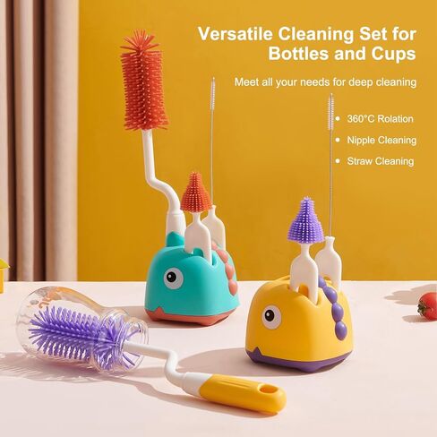 Rabbit Baba Silicone 4-in-1 Baby Bottle Brush Set,Nipple Brush, Bottle Brush, Straw Brush， Safe and Durable, Easy to Clean and Dry，4 Count，Cleaning Set，Uniform Storage Base，Draining Base (Green Base) in Saudi Arabia