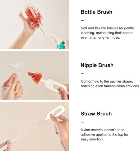Rabbit Baba Silicone 4-in-1 Baby Bottle Brush Set,Nipple Brush, Bottle Brush, Straw Brush， Safe and Durable, Easy to Clean and Dry，4 Count，Cleaning Set，Uniform Storage Base，Draining Base (Green Base) in Saudi Arabia