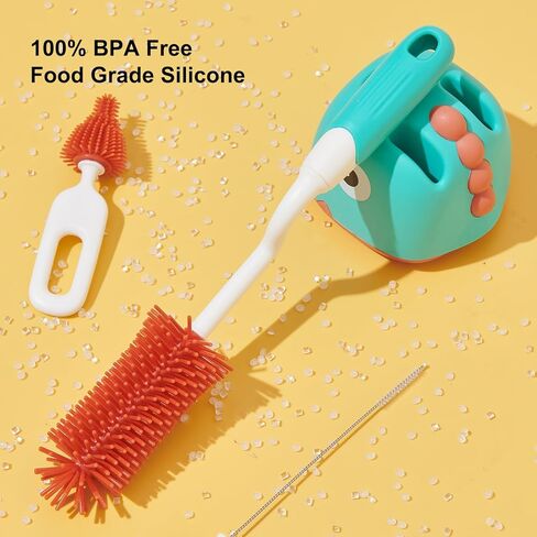 Rabbit Baba Silicone 4-in-1 Baby Bottle Brush Set,Nipple Brush, Bottle Brush, Straw Brush， Safe and Durable, Easy to Clean and Dry，4 Count，Cleaning Set，Uniform Storage Base，Draining Base (Green Base) in Saudi Arabia