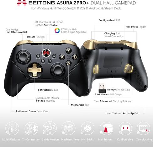 BEITONG Asura 2 Pro+ Plus وحدة تحكم ألعاب الكمبيوتر الشخصي ذات تأثير القاعة المزدوجة (العصا والزناد) لوحة ألعاب لاسلكية لتبديل Windows، 6 محاور استشعار الحركة/مفتاح ميكانيكي/وضع رفع تردد التشغيل عصا التحكم/قابلة للبرمجة باللون الأسود in Kuwait