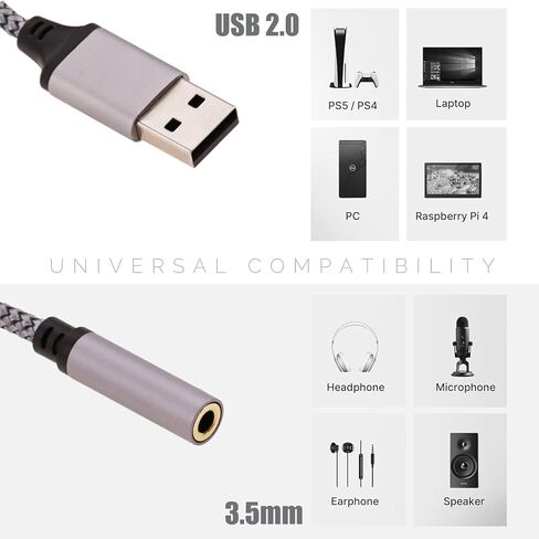 USB to 3.5mm Jack Audio Adapter, USB to Audio Aux Cable External Stereo Sound Card, USB to 3.5mm TRRS Female Headset for PS4/PS5/Headphone/Mac/Linux/Laptop/Desktops/Docking Station in Saudi Arabia