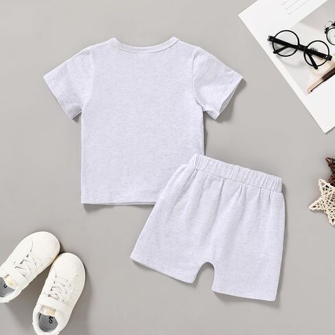 مجموعة ملابس صيفية للأولاد الصغار من Happy Town، تي شيرت وسروال قصير الأكمام (أبيض، 9-12 شهرًا) in Kuwait