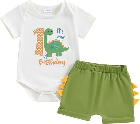 Baby Boy Birthday Outfits Dinosaur Print Short Sleeve Romper and Shorts Set Newborn 1st Birthday Outfits in Saudi Arabia