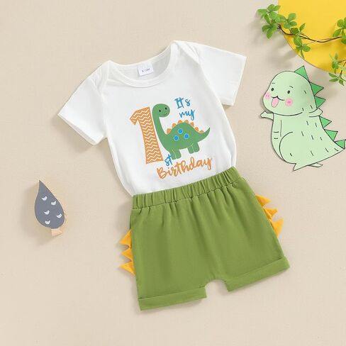 Baby Boy Birthday Outfits Dinosaur Print Short Sleeve Romper and Shorts Set Newborn 1st Birthday Outfits in Saudi Arabia