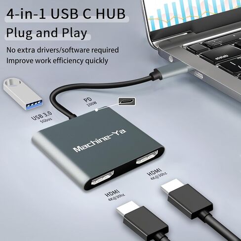محول USB C إلى HDMI مزدوج، محول شاشة مزدوجة 4K مع 2 HDMI، USB 3.0، 100 واط PD، يدعم شريط C HDMI Hub محطة إرساء شاشات متعددة لأجهزة Chromebook، MacBook، الكمبيوتر المحمول، HP... in Kuwait