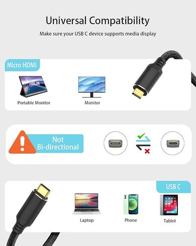 كابل 4K USB C إلى Micro HDMI بطول 6 أقدام، 4K@30 هرتز/2K@60 هرتز من النوع C إلى Micro HDMI لأجهزة MacBook وiPad Pro وiPhone 15 وGalaxy S23 وSteam Deck وROG Ally والكمبيوتر المحمول إلى كابل شاشة محمول in Kuwait
