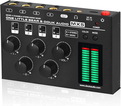 جهاز مزج الصوت الصغير Douk Audio MX5 ذو 4 قنوات مدخل خط 3.5 مم مع مقياس مستوى LED وضجيج منخفض جدًا للكمبيوتر ومشغل الأقراص المضغوطة والكمبيوتر ومكبر الصوت وسماعات الرأس ومكبر الصوت in Kuwait