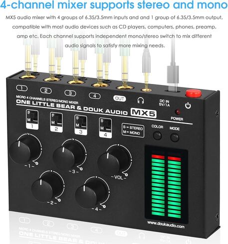 جهاز مزج الصوت الصغير Douk Audio MX5 ذو 4 قنوات مدخل خط 3.5 مم مع مقياس مستوى LED وضجيج منخفض جدًا للكمبيوتر ومشغل الأقراص المضغوطة والكمبيوتر ومكبر الصوت وسماعات الرأس ومكبر الصوت in Kuwait